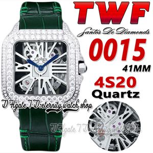 TWF TWW0015 Swiss Ronda 4S20 Montre à quartz pour homme Entièrement glacée Lunette à gros diamants Marqueurs romains Cadran squelette Bracelet en cuir vert 2023 Super Edition Montres d'éternité