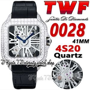 TWF TWW0028 ZWISSE RONDA 4S20 QUARTZ MENS KIJK VOLLEDIG ICTE OUT GEBRUIK Big Diamonds Bezel Romeinse Markers Skelet -wijzerplaat Zwarte lederen band 2023 Super Edition Eternity Watches