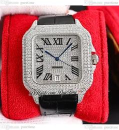 TWF TWWSSA0009 M8215 VEROOLT DIAMANDS Automatische heren Work 40 Miyota Volledig Iced Diamond Dial Black Roman Markers Lederen horloges Super Edition Puretime C3