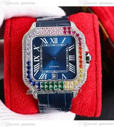 TWF TWWSSA0009 M8215 Pavé Diamants Automatique Montre Homme 40mm Miyota Entièrement Glacé Couleurs Lunette Diamant Bleu Blanc Cadran Romain Cuir Super Edition Puretime D4