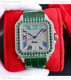 TWF TWWSSA0009 M8215 VERWAARDE DIAMANDS Automatische heren Work 40 mm Miyota Volledig Iced Out Green Diamond Bezel Colors Roman Dial Leather Trap Super Edition Puretime D4