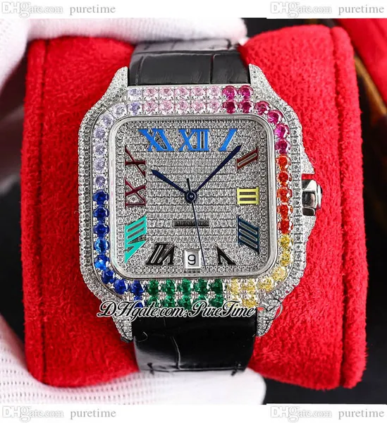 TWF TWWSSA0009 M8215 Reloj automático para hombre con diamantes pavimentados, 40 mm, Miyota, colores completamente helados, marcadores romanos de diamantes, correa de cuero negra, edición súper Puretime B2