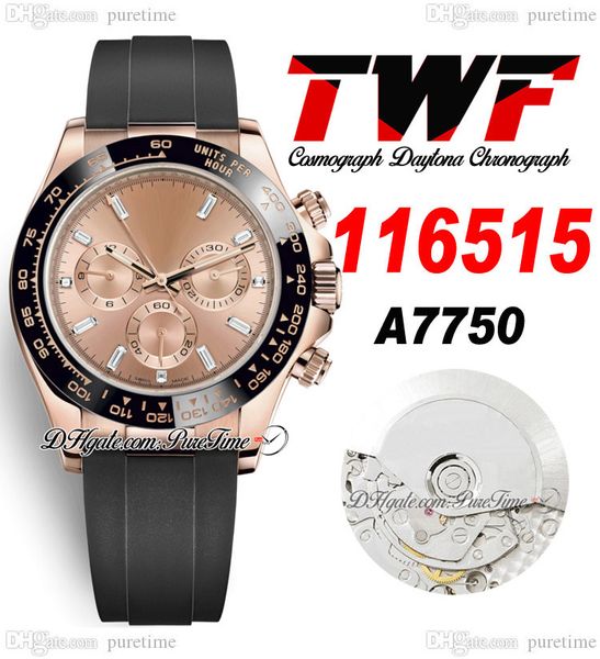 TWF V2 A7750 Cronógrafo automático Reloj para hombre Oro rosa Cerámica Bisel Champán Baguette Diamante Dial Oysterflex Caucho Misma tarjeta de serie Super Edition Puretime B2