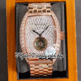 TWF V2 Cintree Curvex Automatique Tourbillon Montre Homme Or Rose Pavé Diamants Taille Baguette Cadran Glacé Diamant Bracelet En Acier Inoxydable Montres D'éternité