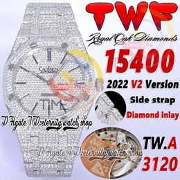 TWF V2 tw15400 A3120 Montre automatique pour homme Pavé de diamants Cadran en acier inoxydable Bracelet incrusté de diamants latéraux Super Edition Bijoux d'éternité Montres entièrement glacées