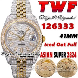 TWF V3 EW126333 CF126303 A2824 Automatische heren Watch 41 mm Iced Out Diamonds Inlay Dial Stick Markers 904L Jubileesteel Diamond Diamant Two Tone Bracelet Eternity Watches