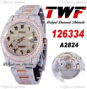 TWF V3 Full Diamonds A2824 Montre automatique pour homme Blanc deux tons RG Noir Cadran en diamant pavé d'écriture arabe et bracelet en acier 904L entièrement glacé Montres Puretime G7