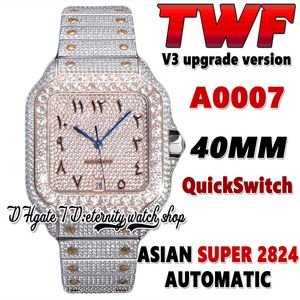 TWF V3 SLA09 VROIEN DIAMONDEN ETA A2824 Automatische heren Watch volledig Icedi -out diamant Arabische roségouden wijzerplaat Quick Switch Steel Bracelet Super Edition Eternity Watches