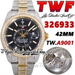 TWF V3 Sky tw326933 Montre Homme A9001 Complication Calendrier Cadran Noir Automatique Incrustation de Diamants Glacés Bracelet Oystersteel 904L Super Edition Montres d'éternité