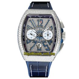 TWF V45 DT YACHT ETA SA7750 Chronograaf Automatische Mens Horloge Gypsophila Iced Out Diamond Dial Round Shape Cut Diamonds Case Lederen Eternity Stopwatch Horloges