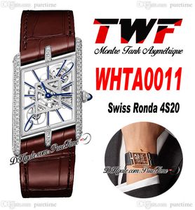 TWF WHTA0011 Swiss Ronda 4S20 Montre à quartz unisexe Montre Asymétrique Hommes Montres pour femmes Boîtier en diamants Cadran squelette Cuir marron Femmes Super Edition Puretime A1