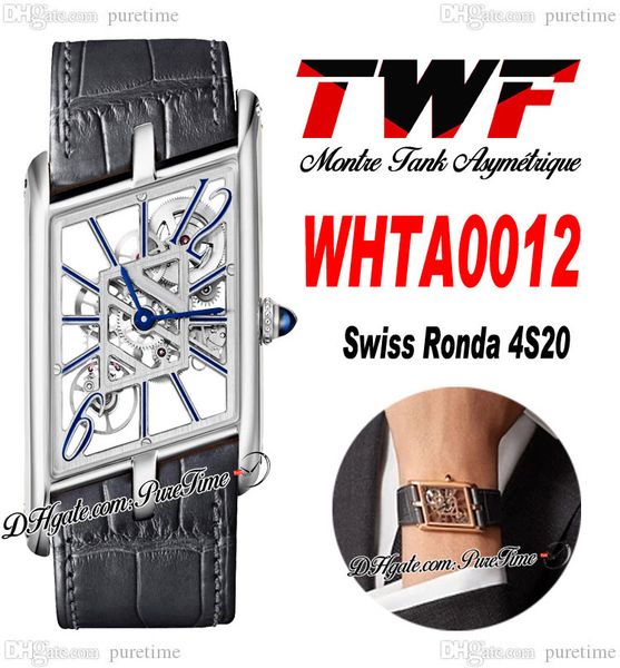 TWF WHTA0012 Swiss Ronda 4S20 Quartz Montre Unisexe Montre Asymétrique Hommes Montres Femme Boîtier Acier Cadran Squelette Cuir Gris Femme Super Edition Puretime C3