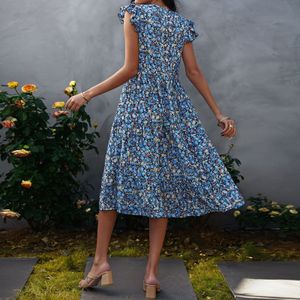 Twill-jurken Europese en Amerikaanse dames zomer 2022 Nieuwe v-hals vliegende mouwen Fairy bloemen polka dot jurk