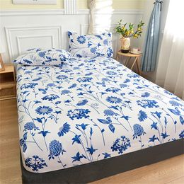 Sábana ajustable doble con funda elástica con estampado de flores azules, colchón reactivo de lino SingleQueenKing 180 240116