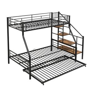 Twin sur lit superposé en métal pleine grandeur avec escalier gigogne et rangement, lit polyvalent lit d'enfants avec garde-corps complet, noir