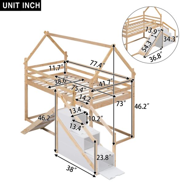 Twin Over Twin House Loft o Litera, cama para niños funcional con tobogán y escalera, adecuado para dormitorio para niños, natural