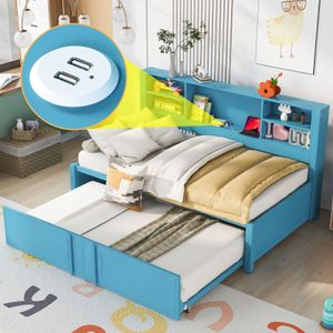 Daybed met twee maat, kinderbed, multifunctioneel daybed met trundle met dubbele maat, opbergplanken en USB -poorten, comfortabel voor slaapkamer