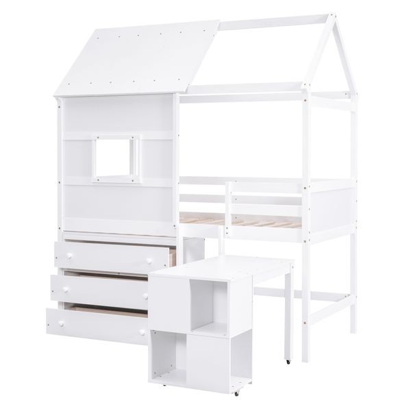 Lit loft de taille jumelle, lit de maison pour enfants en forme de maison avec bureau de rangement et poitrine de 3 tiroirs, lit en bois massif de taille jumelle ludique pour enfants, blanc