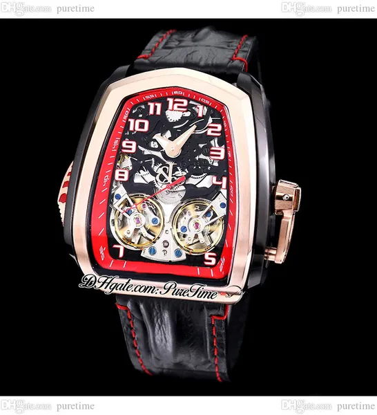 Twin Turbo JCFM05 Double Tourbillon Reloj automático para hombre Two Tone PVD Rose Gold Skeleton Dial Correa de cuero negro Red Line Super Sports Car Relojes Puretime B2