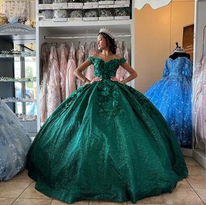 Robes de Quinceanera scintillantes vert foncé paillettes douce 15 robe à la main fleur perle adolescente robe de fête d'anniversaire