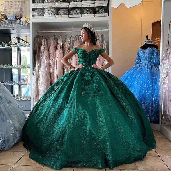 Robes de Quinceanera scintillantes vert foncé paillettes douce 15 robe à la main fleur perle adolescente robe de fête d'anniversaire