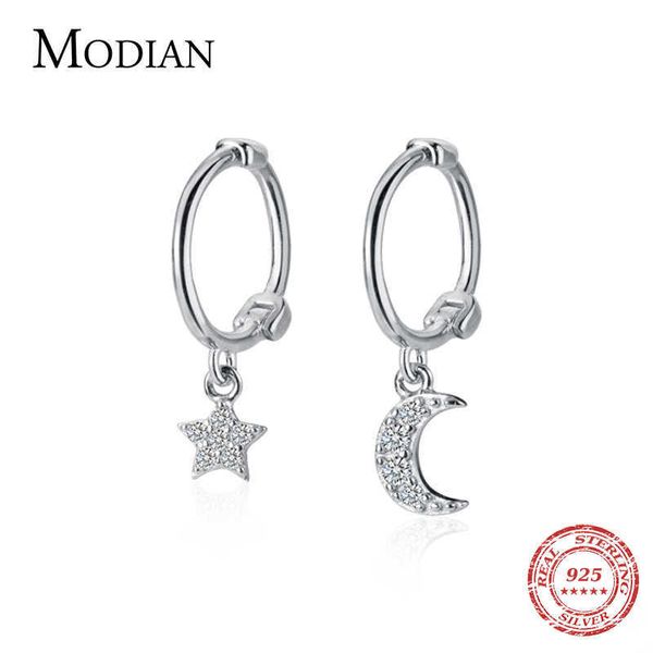 Twinkle Star Moon Hoop Boucle d'oreille pour femmes Mode Véritable 925 Sterling Argent Asymétrie Fine Bijoux Accessoires 210707