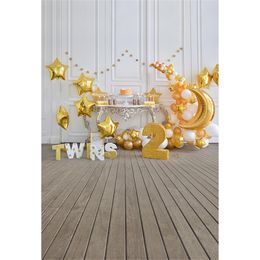 Jumeaux 2e anniversaire Photo toile de fond plancher de bois imprimé or ballons en forme d'étoile mur blanc bébé enfants fête photographie fond