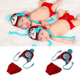 Twins Watch Style Pasgeboren Photography Baby Hat Gehaakte Kleding Set Gebreide Baby Boys Foto Fotografia Props Cartoon Kostuum