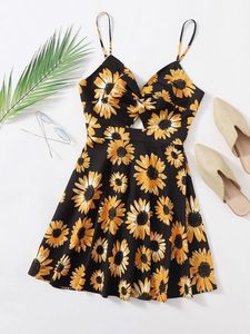 Twist Front Tie Back Sunflower Print Dress She