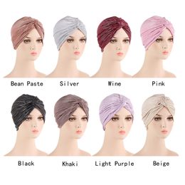 Twist Turban Caps Femmes Noeud Musulman Hijab Brillant Or Argent Glitter Indien Chapeau Couleur Unie Foulard Bonnet Wrap Couverture Perte De Cheveux