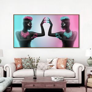 Peinture à l'huile sur toile de deux femmes africaines noires nues, affiches et imprimés, tableau d'art mural scandinave pour décoration de salon et de maison