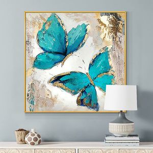 Peinture à l'huile avec deux papillons bleus, animaux sauvages, toile, affiches et imprimés, images d'art murales pour salon