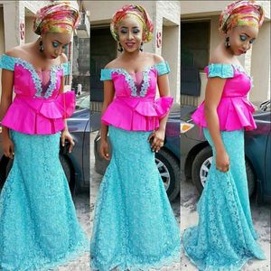 Twee kleur Mermaid Avondjurken See Through Off Shoulder Neck Flower Applicaties Aso Ebi Prom Dresses Sexy Vloerlengte Kant Party Jurken