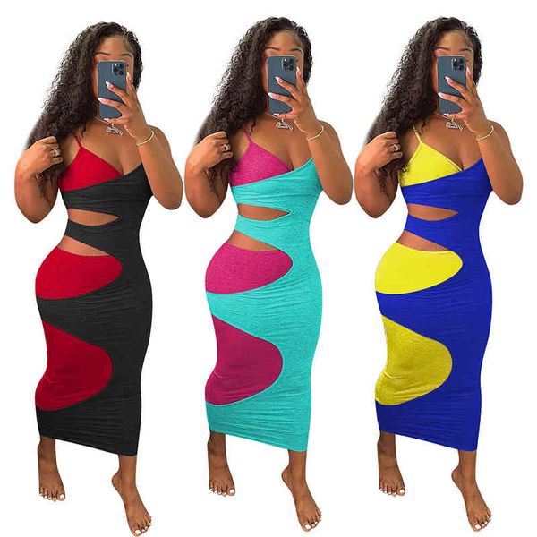 Deux couleurs sans manches robe 2021 été asymétrique taille haute Maxi robe Y2K Sexy gaine moulante Club Patchwork fête robe d'été X0521