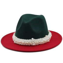 Tweekleurige wollen hoed met parels bands vintage dames brede rand jazz fedora hoed voor feest trouwjurk caps aangepaste kleuren