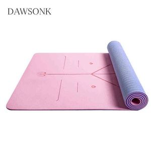 Tapis de yoga bicolore Ligne de position du corps Entraînement TPE Matériau de protection de l'environnement Sports Pilates Reformer 183 cm 61 cm 6 mm T220802265U