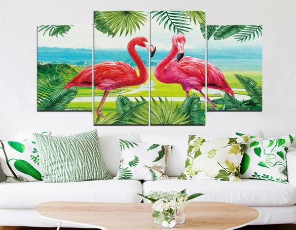 Deux flamants roses peintures sans cadre 4 pièces sans cadre imprimé sur toile Arts moderne Home256D1851091