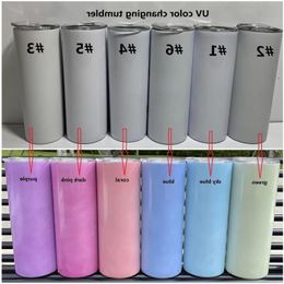 Twee functies Glow in the dark UV-kleur veranderende Tumbler 20oz Sublimatie Tumbler Zonlichtgevoelig RVS Recht Skinny Tum Gqxl