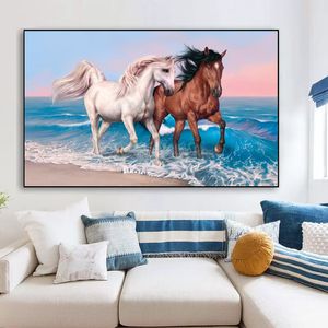 Peinture sur toile d'art mural avec deux chevaux et animaux, affiches et imprimés de paysage de vagues de mer, tableau mural moderne