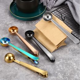 Cucharas de café de acero inoxidable dos en uno, Clip de sellado, accesorios dorados para cocina, decoración de cafetería W0
