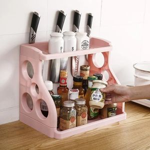 Estante de almacenamiento de especias de cocina de dos capas, suministros creativos para condimentos para el hogar, organizador de cuchillos de plástico, estante de almacenamiento para encimera