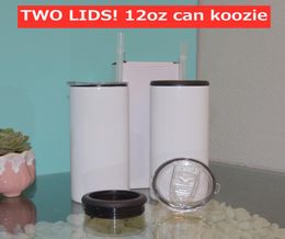 Twee deksels12oz magere rechte koozie drank koeler tumbler wit blanco blik koozies roestvrij staal cola vacuümfles voor ingeblikte3704247