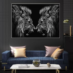 Affiches et imprimés de deux Lions, peinture sur toile d'animaux sauvages africains, images d'art de Lion noir sur le mur, peintures murales de décoration de maison moderne