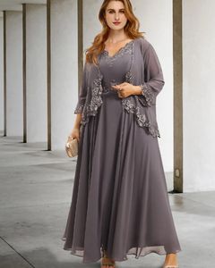 Tweede stuk A-lijn moeder van de bruid jurk grijze enkel lengte mouwloze v nek chiffon kanten bruiloft gastenfeestjurken 2023 Vestido de festa plus size