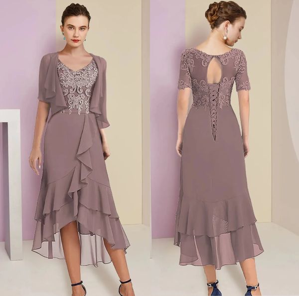 Deux pièces A-ligne mère de la mariée robe Wrap inclus élégant haut bas col en V en mousseline de soie dentelle crépuscule mariage invité robes de soirée