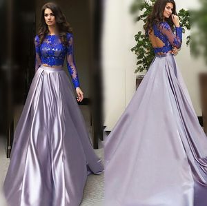 Tweede stuk A line prom -jurken Top Royal Blue Lace Appliques Illusion Long Sleeve avondjurken meisjes afstuderen feest huiskomstjurk
