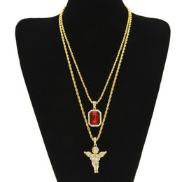 Ensemble de colliers avec pendentif croix en strass ange scintillant pour hommes, deux pièces, avec rubis rouge, mode Hip Hop, bijoux 244F