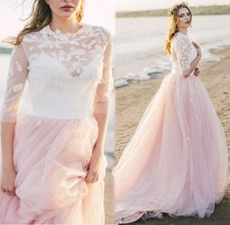 Tweedelige Blush Roze Trouwjurken A-lijn Applicaties Kant Top Half Mouwen Illusion Long Boho Beach Bridal Jurken Nieuwe 2021 Vestidos de Novia