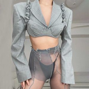 Deux pièces Crop Blazer Costume et Débardeur Un Bouton Sexy Manteau Femmes Streetwear Automne Hiver Missnight 211122