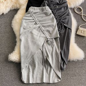 Dos piezas Dres cintura elástica lápiz falda niñas Sexy sólido Delgado Irregular cordón elástico algodón faldas 230630